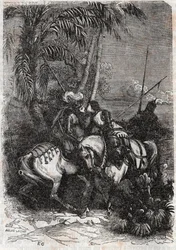 Rencontre de Marphise, Astolphe et Sansonnet - gravure de 1851 de « Roland furieux » (Orlando furioso) (16e siècle) par Ludovico Ariosto, traduit de l