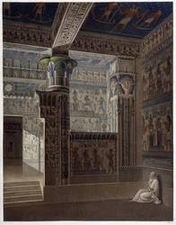 Memnonium Thèbes, pl 37 : Vue intérieure en perspective colorée du temple de l