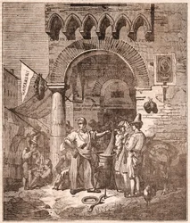 Marchand cuisinant des pâtes dans une casserole, scène italienne (gravure)