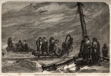 Marchand ambulant, à un carrefour enneigé de la route de Saint-Pétersbourg. Dessin de Henriet, pour illustrer son voyage dans les provinces baltes russes en 1851-54. Gravure dans "Le tour du monde", édité par Edouard Charton