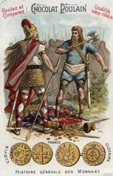 Mérovingiens : Clovis Ier abattant le soldat qui avait brisé le vase de Soissons, en 486. Dans Histoire générale des monnaies. Chromolithographie de la fin du XIXe siècle. Collection privée.