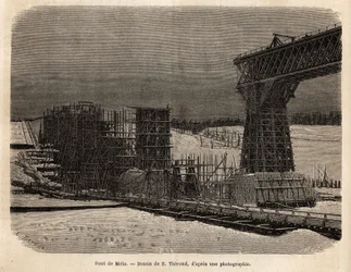 Pont de Meta (Ukraine), en construction. Gravure pour illustrer La Russie libre, par William Hepworth Dixon, en 1869, publié dans « Le tour du monde » 1872, édité par Édouard Charton, édition Hachette, Paris. Collection Selva
