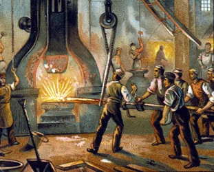 Métallurgie : marteau à tambour - Fabrication du fer (chromolithographie de 1890)