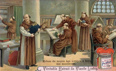 Moine du Moyen Âge écrivant des manuscrits. Chromolithographie, image Liebig