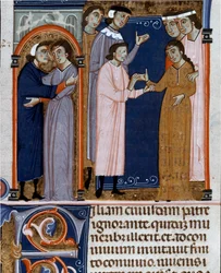 Cérémonie de fiançailles tirée du « Décret de Gratien » (ou « Concordia discordantium canonum » ou « Decretum Gratiani ») datant de 1140 et régulant les lois et canons de l