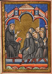 Miniature de Cuthbert enseignant aux moines dans le monastère de Lindisfarne, du chapitre 16 de la vie en prose de Bède de Saint Cuthbert