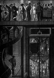 Mineurs descendant dans la cage. Gravure dans « Le Journal de la Jeunesse »