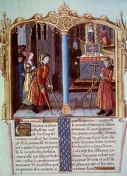 Miracle de Saint Louis (1214-1270) : un guerrier boiteux avec des béquilles. Miniature dans « Vie et miracles de Saint Louis »