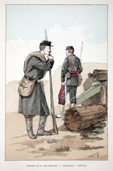 Gardiens de la paix mobilisés (1870-1871). Eau-forte en couleurs, pour illustration « Histoire du corps des gardiens de la paix » livre publié sous les auspices de Louis Lépine (1846-1933) préfet de police de la Seine, par Alfred Rey (1864-?) et Louis Féro