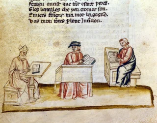 Moines étudiant dans un monastère, manuscrit miniature
