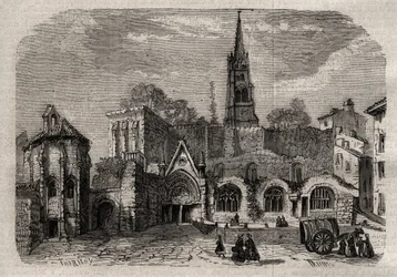 Église monolithe de Saint-Émilion en Gironde - gravure dans "Dictionnaire populaire illustré" - 1864