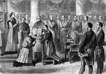 Mgr Georges Darboy (1813-1871) archevêque de Paris prêtant serment entre les mains de Napoléon III à la chapelle des Tuileries en 1863.