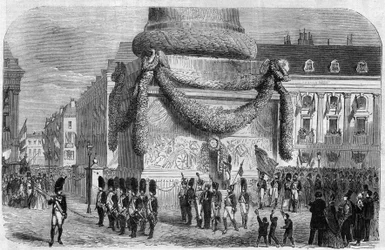 Matin de la fête nationale du 15 août 1864 au pied de la colonne de la place Vendôme à Paris. Gravure dans «L