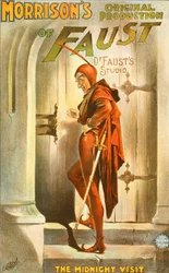 Production originale de Faust par Morrison : la visite de minuit - affiche pour une pièce de théâtre : illustration de la visite de Faust
