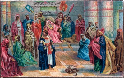 Moïse et Aaron contre le pharaon en colère. Chromolithographie de la fin du XIXe siècle.