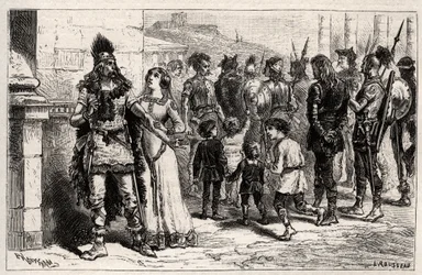 Émue par ce triste spectacle, Théodechilde ou Thichilde (fille de Thierry I) (morte en 534) demande la vie et la liberté du captif - gravure dans « Les Femmes Illustres De La France » par Oscar Havard - 1886