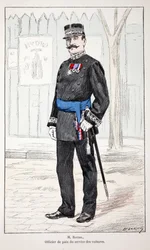 M. Roudil, officier de paix du service des voitures. Eau-forte en couleurs, pour illustration Histoire du corps des gardiens de la paix, livre publié sous les auspices de Louis Lépine (1846-1933) préfet de police de la Seine, par Alfred Rey (1864-?) et Lou
