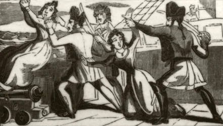 Madame Glass et sa fille implorant les pirates de sauver leurs vies, c.1836