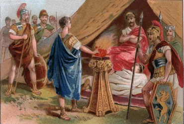 Mucius Scaevola devant Porsenna. Caius Mucius Scaevola, un jeune patricien romain capturé par la garde royale de Porsenna (Porsinna, Porsena)