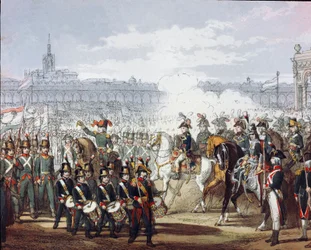 Napoléon Bonaparte (1769-1821) passe en revue la légion lombarde et cisalpine de la milice le 09/07/1797 Gravure à l