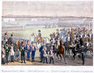 Napoléon Bonaparte a passé en revue la milice italienne et polonaise à Montechiaro en 1805. Gravure de 1845