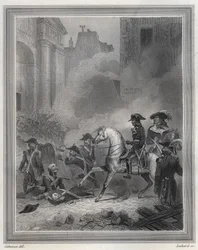Napoléon écrasant la rébellion royaliste - Napoléon Bonaparte (à cheval) commandant les troupes révolutionnaires lors des combats de rue le 13 Vendémiaire (5 octobre) - 13 Vendémiaire 1795 (Insurrection royaliste du 5 octobre 1795) : Bonaparte rétablit l