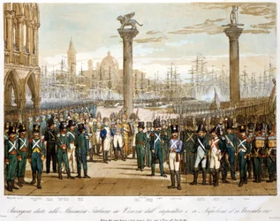Napoléon I à Venise le 29 novembre 1807 devant la marine italienne. Gravure de 1845