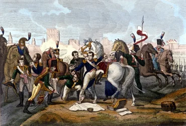 Napoléon Ier blessé devant Ratisbonne le 23 avril 1809 (gravure du 19ème siècle)