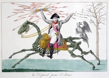 Napoléon : caricature en homme guerrier sur un squelette de cheval - dans "Napoléon 1er", collection de caricatures