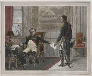 Napoléon signant son abdication 1814 - Napoléon Bonaparte (1769-1821) à Fontainebleau lors de sa première abdication, signée en avril 1814 - gravure dans "Les Fastes populaires, ou Histoire des actes héroïques du peuple et de son influence sur les sciences