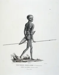 Autochtone North-Gal-Derri de Nouvelle-Galles du Sud de la Nouvelle-Hollande avançant pour combattre - dans "Voyage de découvertes aux terres australes" par Messieurs Lesueur et Peer