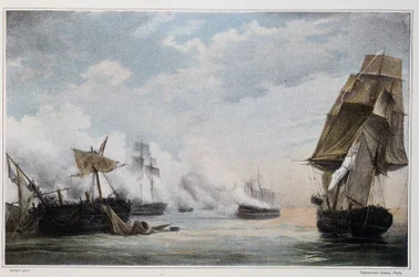 Bataille navale entre le navire français "Formidable" et les navires anglais, le "Cesar", le "Spencer", le "Venerable" et la frégate "Thames" devant Cadix le 13 juillet