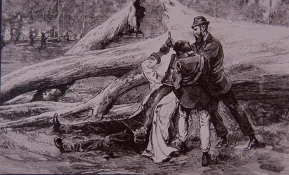 Ned Kelly capturé par le policier Kelly et le cheminot Jesse Dowsett, 28 juin 1880 (gravure)
