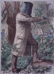 Ned Kelly portant son armure caractéristique, lors de la confrontation finale avec la police, 28 juin 1880