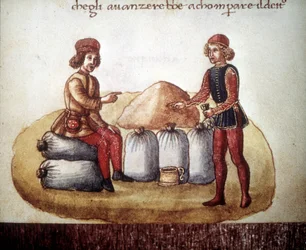 Négociation du prix des céréales. Manuscrit du XVe siècle. Bibliothèque nationale de Florence