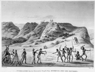 Nouvelle-Hollande, baie des Chiens-Marins, péninsule de Péron : rencontre avec les Indiens (rencontre entre Aborigènes et colons) - gravure, début 19ème siècle