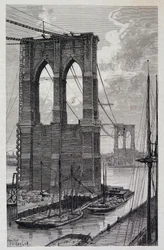 New York : piles du pont de Brooklyn en construction