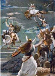 Mythologie nordique : les Walkyries (vierges guerrières) au Valholl (ou Walhalla, Valhalla, Valhalle : lieu où sont conduits les braves guerriers) et la chute des guerriers au combat. Chromolithographie du XIXe siècle