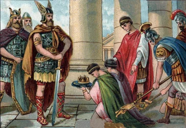 Odoacre (Odovacar, 435-493), chef des Hérules, oblige Romulus Augustule, en latin Flavius Romulus Augustus ou Romulus Augustulus, en italien Romolo Augustolo (vers 460-511), dernier empereur romain d