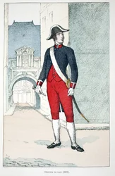 Officier de paix (1802). Eau-forte en couleurs, pour illustration "Histoire du corps des gardiens de la paix" livre publié sous les auspices de Louis Lépine (1846-1933) préfet de police de la Seine, par Alfred Rey (1864-?) et Louis Féron (1862-?).