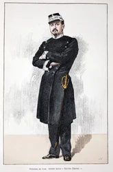 Officier de paix, petite tenue du Second Empire (1852-1870). Eau-forte en couleurs, pour illustration Histoire du corps des gardiens de la paix, livre publié sous les auspices de Louis Lépine (1846-1933) préfet de police de la Seine, par Alfred Rey (1864-?