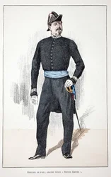 Officier de la paix, Second Empire (1852-1870). Eau-forte en couleurs pour illustrer "Histoire du corps des gardiens de la paix"