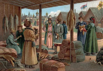 Anciens centres commerciaux : Foire aux fourrures à Novgorod (Veliky Novgorod), Russie au XIXe siècle. Chromolithographie de la fin du XIXe siècle.