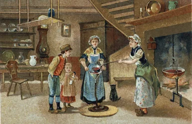 Ancienne coutume célébrée dans la région du Dauphiné : La boudinée. Chromolithographie de la fin du 19ème siècle