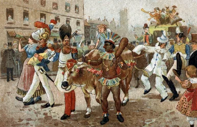 Ancienne coutume célébrée dans la région Île-de-France : La procession du bœuf gras en 1830. Chromolithographie de la fin du XIXe siècle.