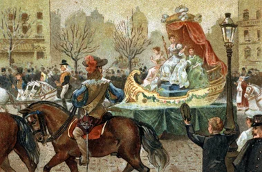 Ancienne coutume célébrée dans la région Île-de-France : mi-carême à Paris. Chromolithographie de la fin du XIXe siècle.