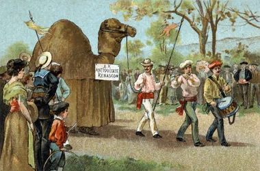 Ancienne coutume célébrée dans la région du Languedoc : La marche du chameau le jour de la Saint Aphrodite. Chromolithographie de la fin du XIXe siècle