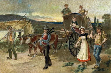 Ancienne coutume célébrée dans la région de Bourgogne : Fête des vendanges. La dernière vendange. Chromolithographie de la fin du 19ème siècle.