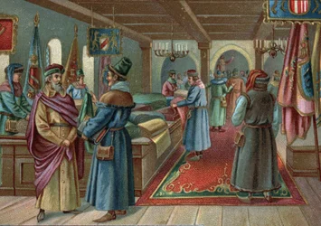 Anciens centres commerciaux : halles aux draps à Bruges, Belgique au XVe siècle. Chromolithographie de la fin du XIXe siècle