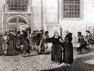 Le 31/10/1517, Luther affiche sur les portes du château de Wittenberg ses 95 thèses dénonçant la vente des indulgences et marquant le début de la Réforme - grav.